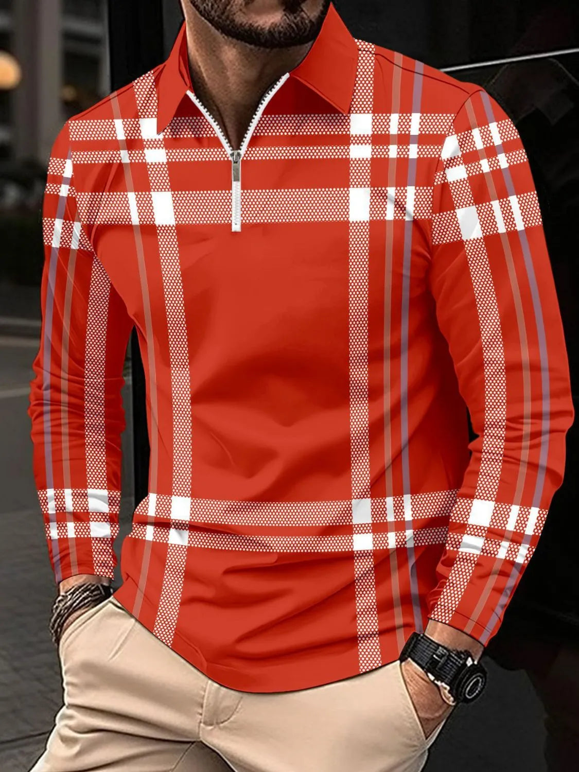 Men's Full Size Plaid Zip Collar Long Sleeve Polo Plus Size | STAHlin RADIANCE