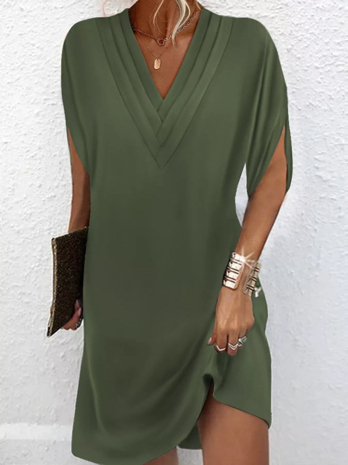 Full Size V-Neck Slit Sleeve Mini Dress Plus Size | STAHlin RADIANCE