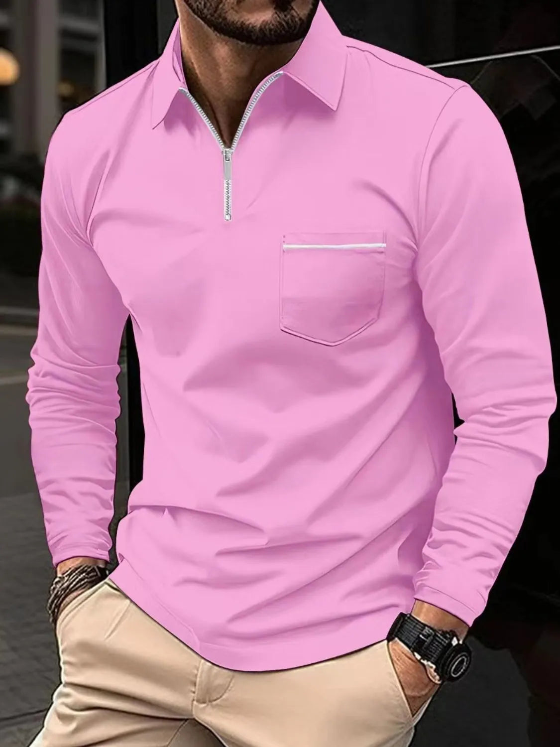 Men's Full Size Collared Neck Long Sleeve Polo Plus Size | STAHlin RADIANCE