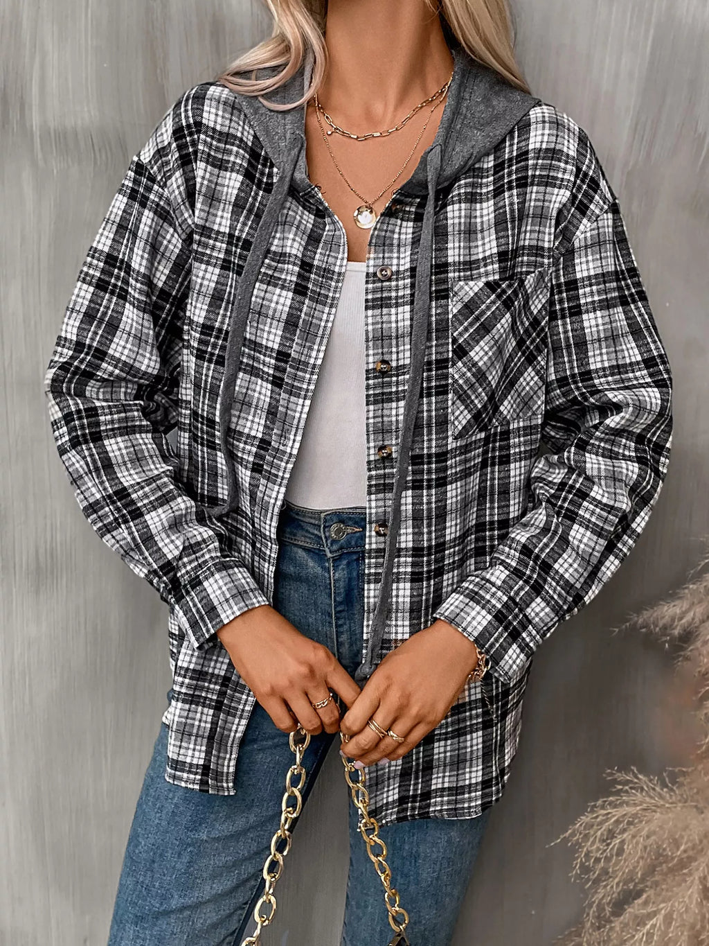Plaid Button-Up Hooded Shirt with Chest Pocket | STAHlin RADIANCE