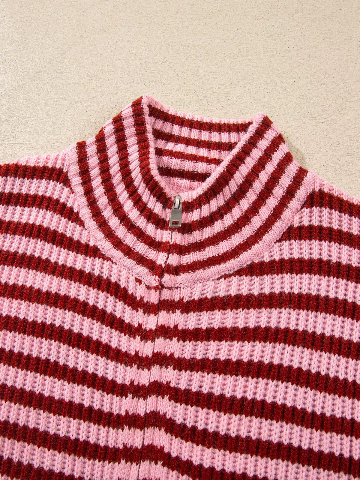 Striped High Neck Zip-up Sweater Long Sleeve Casual Fit Drop Shoulder Open Front Cardigan | STAHlin RADIANCE