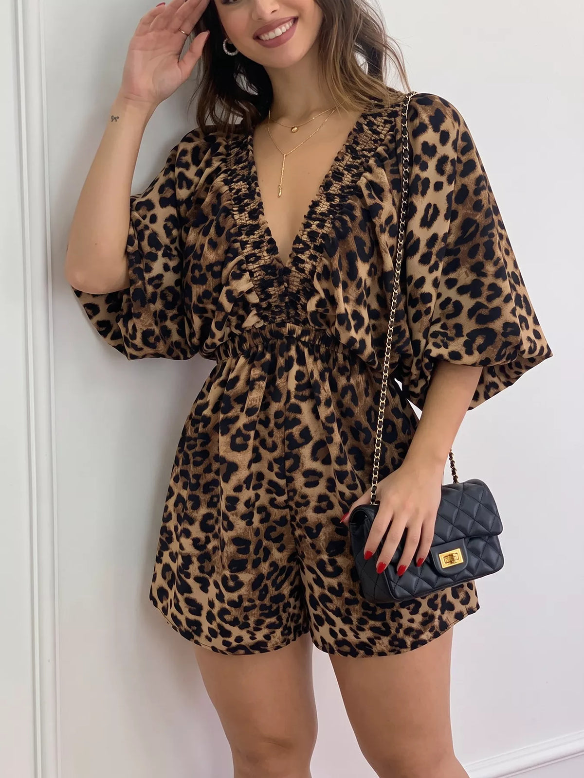 V-Neck Leopard Print Puff Sleeve Romper | STAHlin RADIANCE