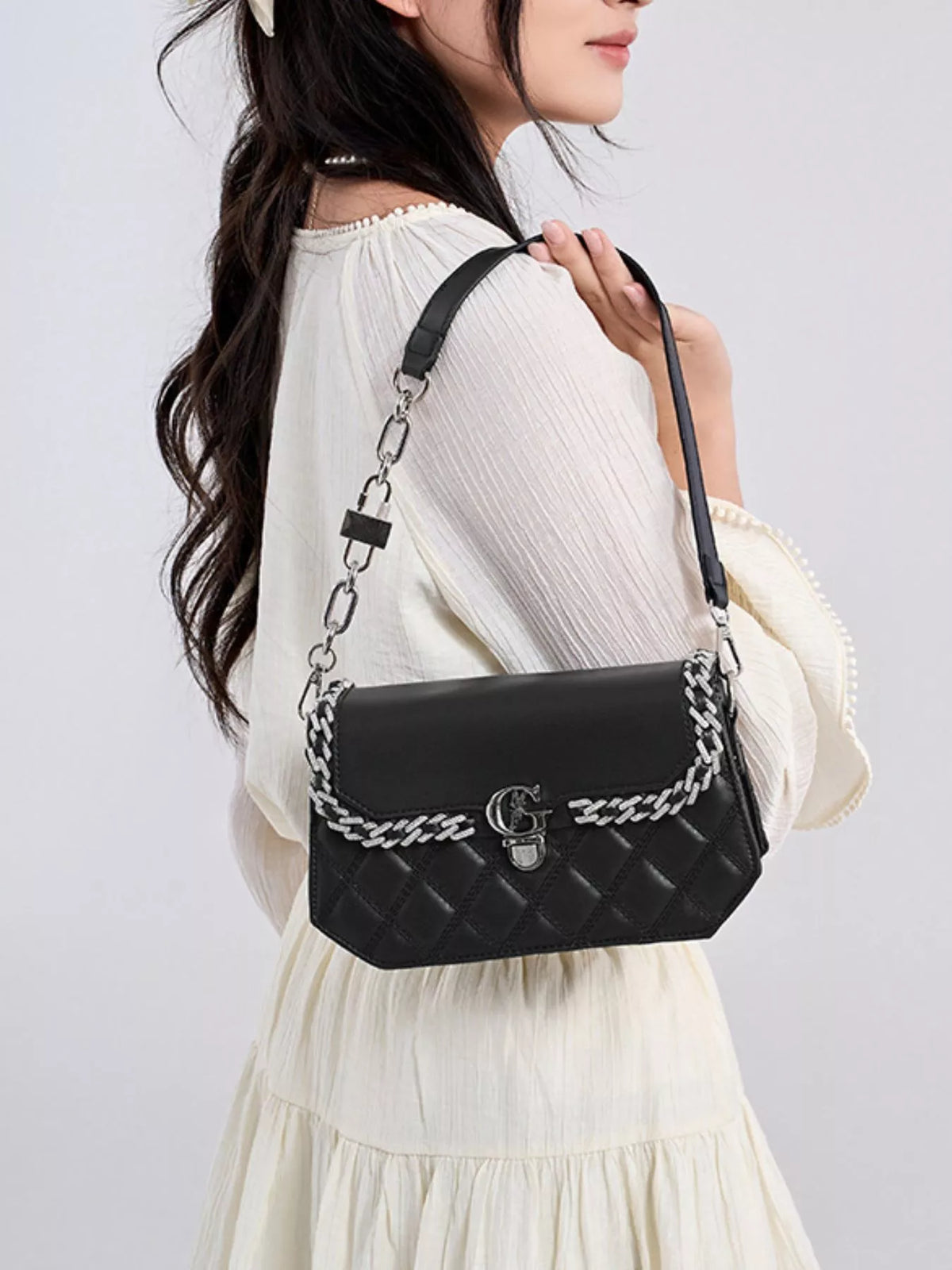 Quilted PU Leather Crossbody Bag with Rhinestone Decor | STAHlin RADIANCE