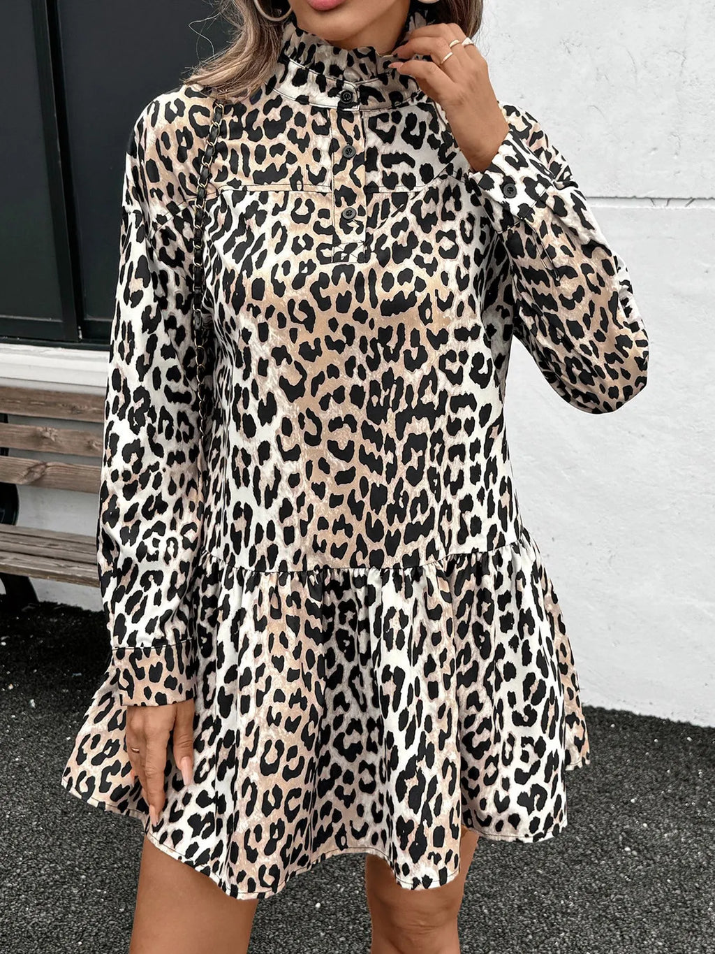 Leopard Print Long Sleeve Mock Neck Mini Dress | STAHlin RADIANCE