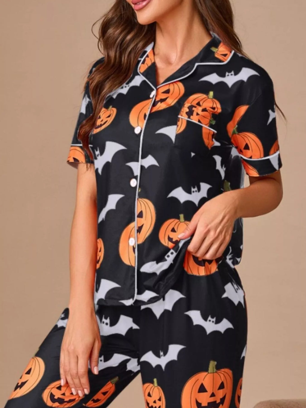 Halloween Pumpkin and Bat Print Button-Down Top and Pants Lounge Set | STAHlin RADIANCE