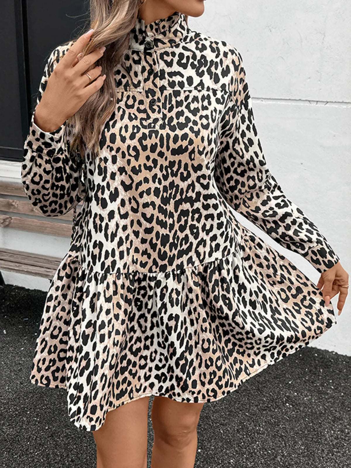 Leopard Print Long Sleeve Mock Neck Mini Dress | STAHlin RADIANCE