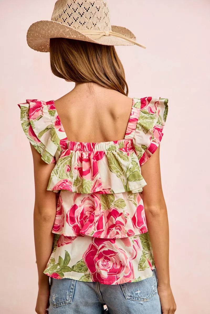 BiBi Floral Print Woven Bow Tie Ruffle Square Neck Top | STAHlin RADIANCE